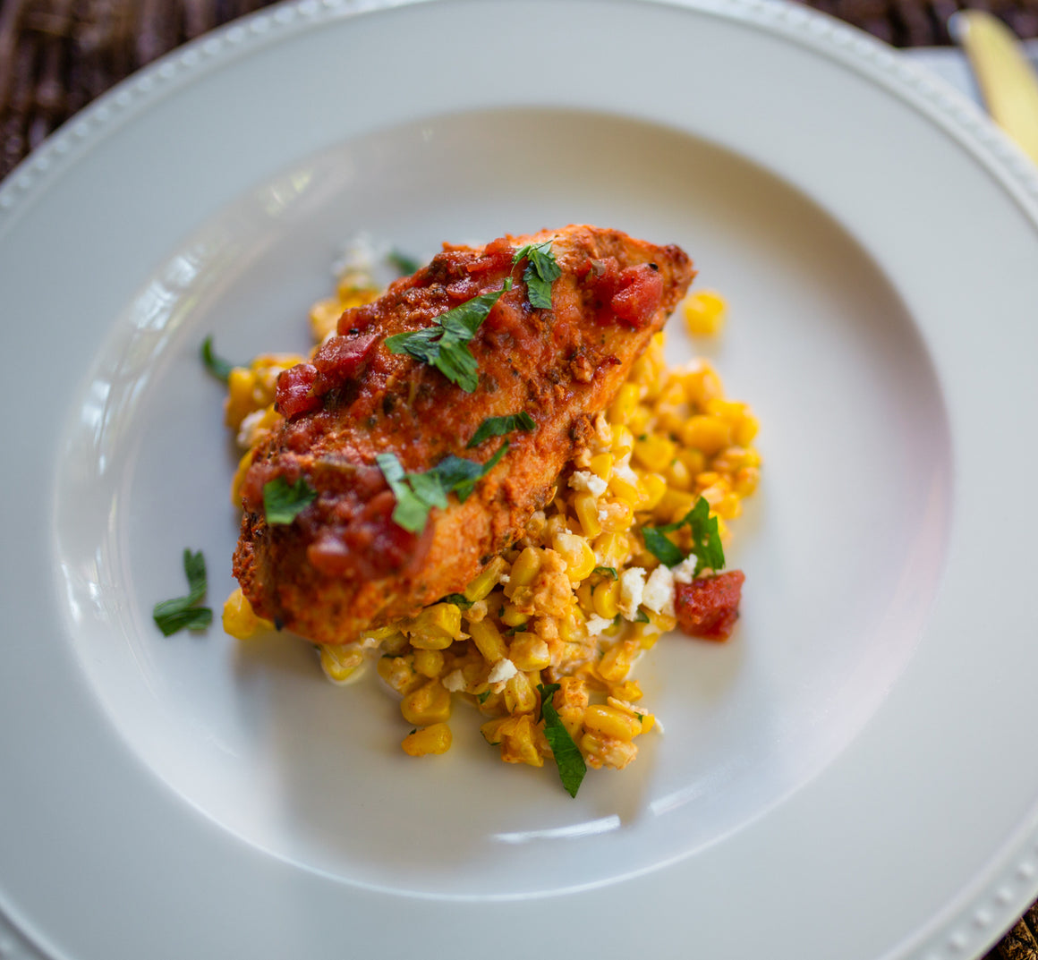 Chicken Tinga with "Elote" Inspired Corn and Refried Black Beans (GF)